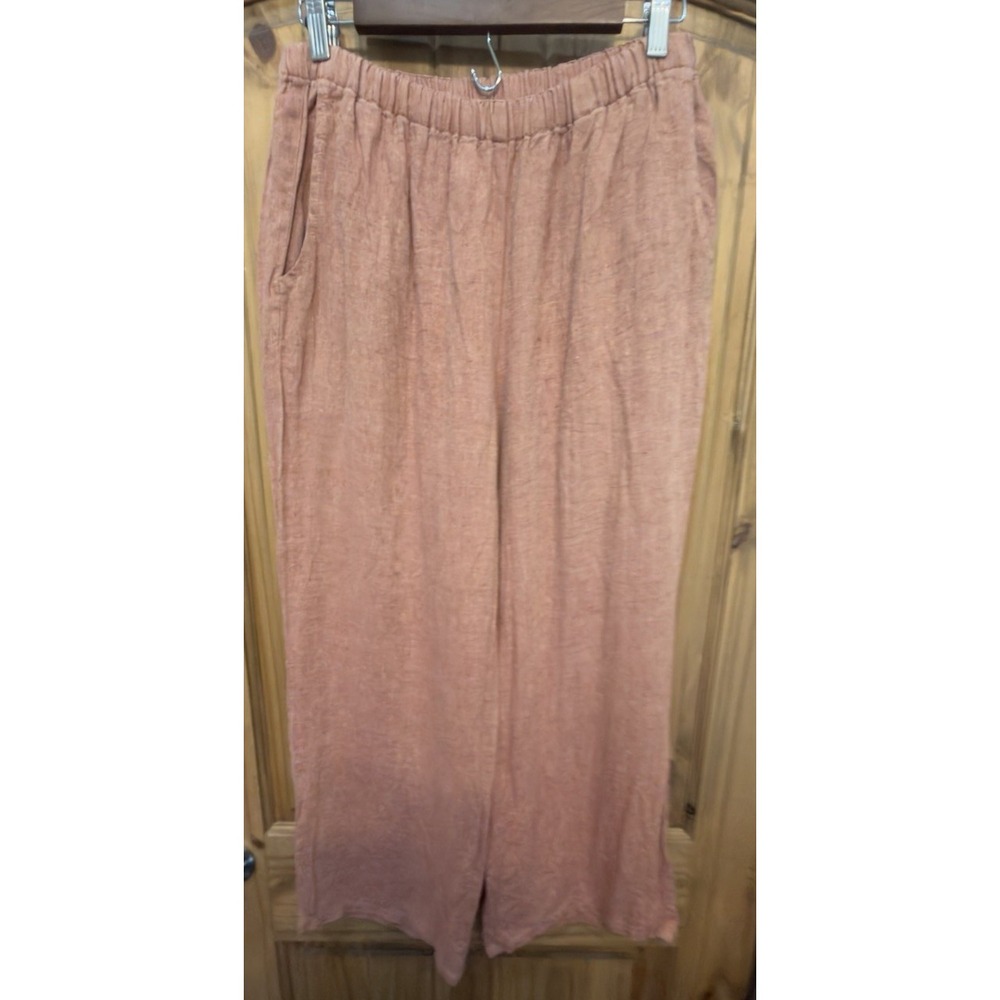 FLAX Womens Small 100% Linen Pants Rust  Pull On Elastic Waist Lagenlook